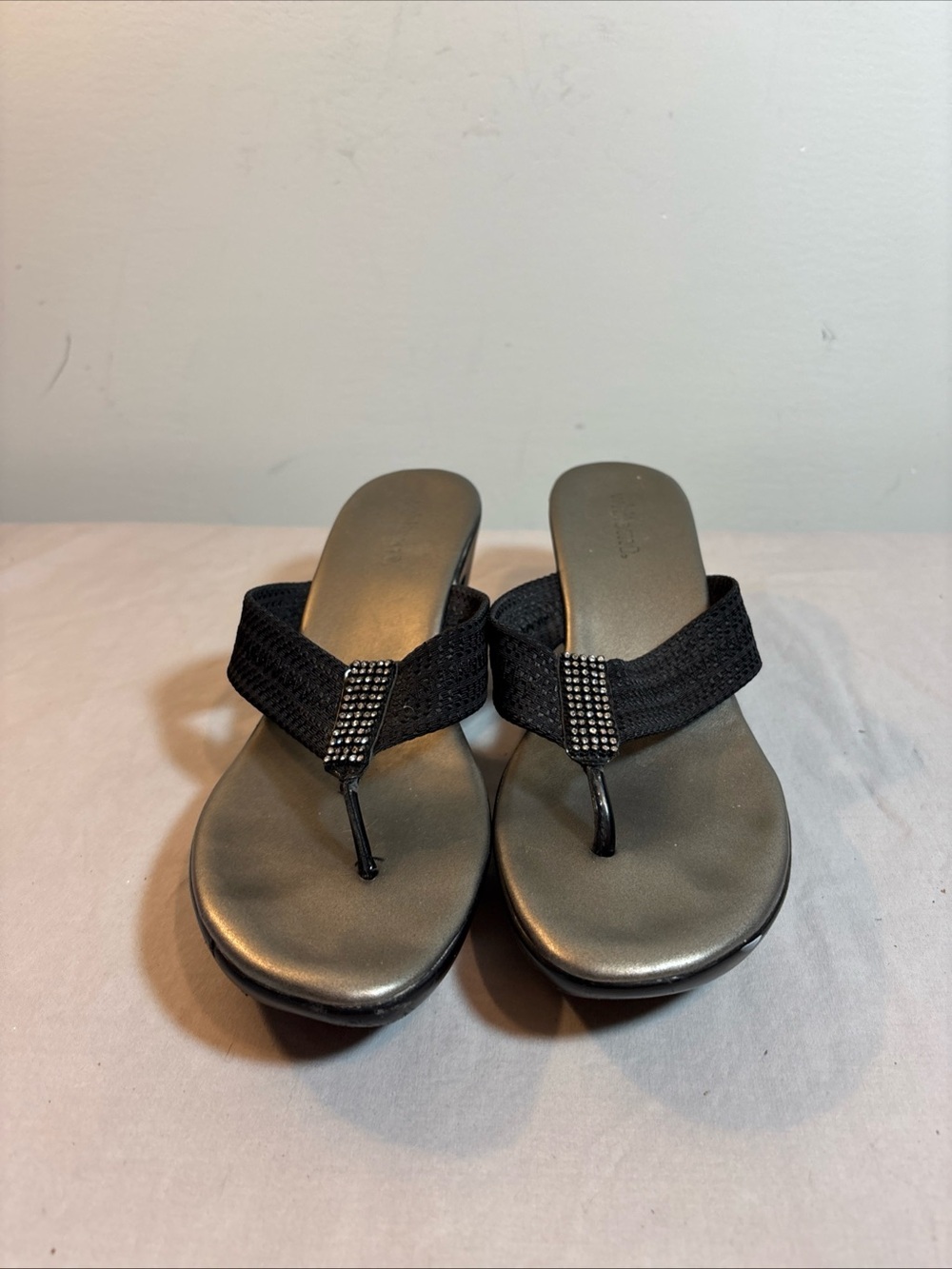 White Mountain Black Rhinestone Wedge Thong Sandals